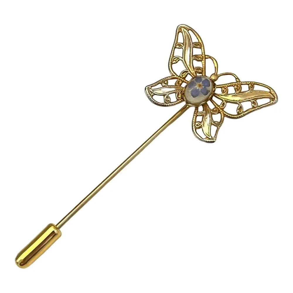 Vintage 1970s Butterfly Stick Pin Filigree Pressed Flower Gold Tone - 5T